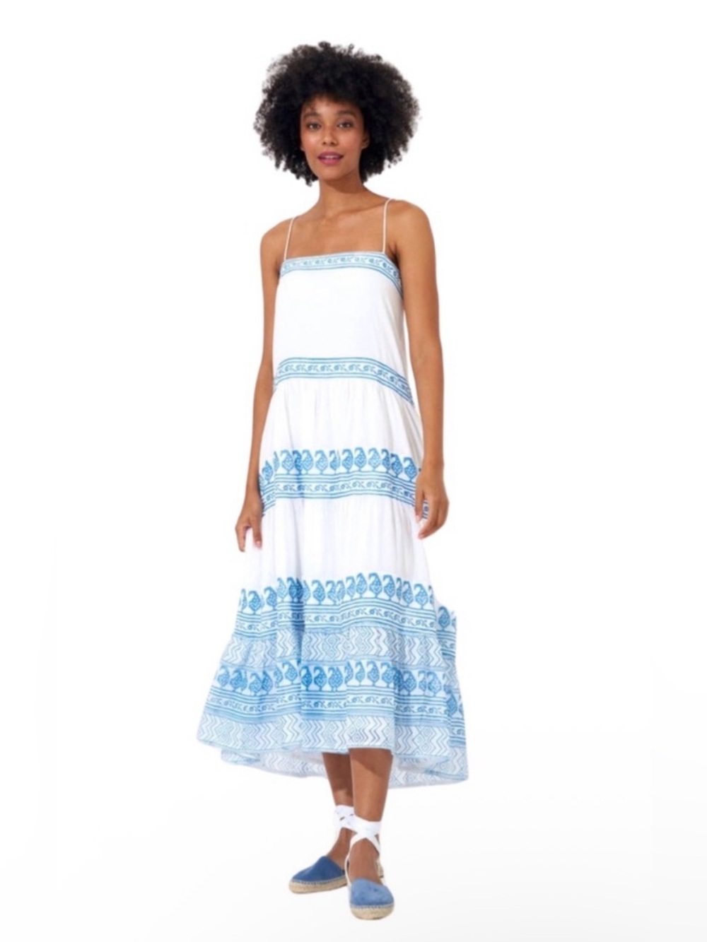 Oliphant White Midi Dress with Light Blue Printed Bands